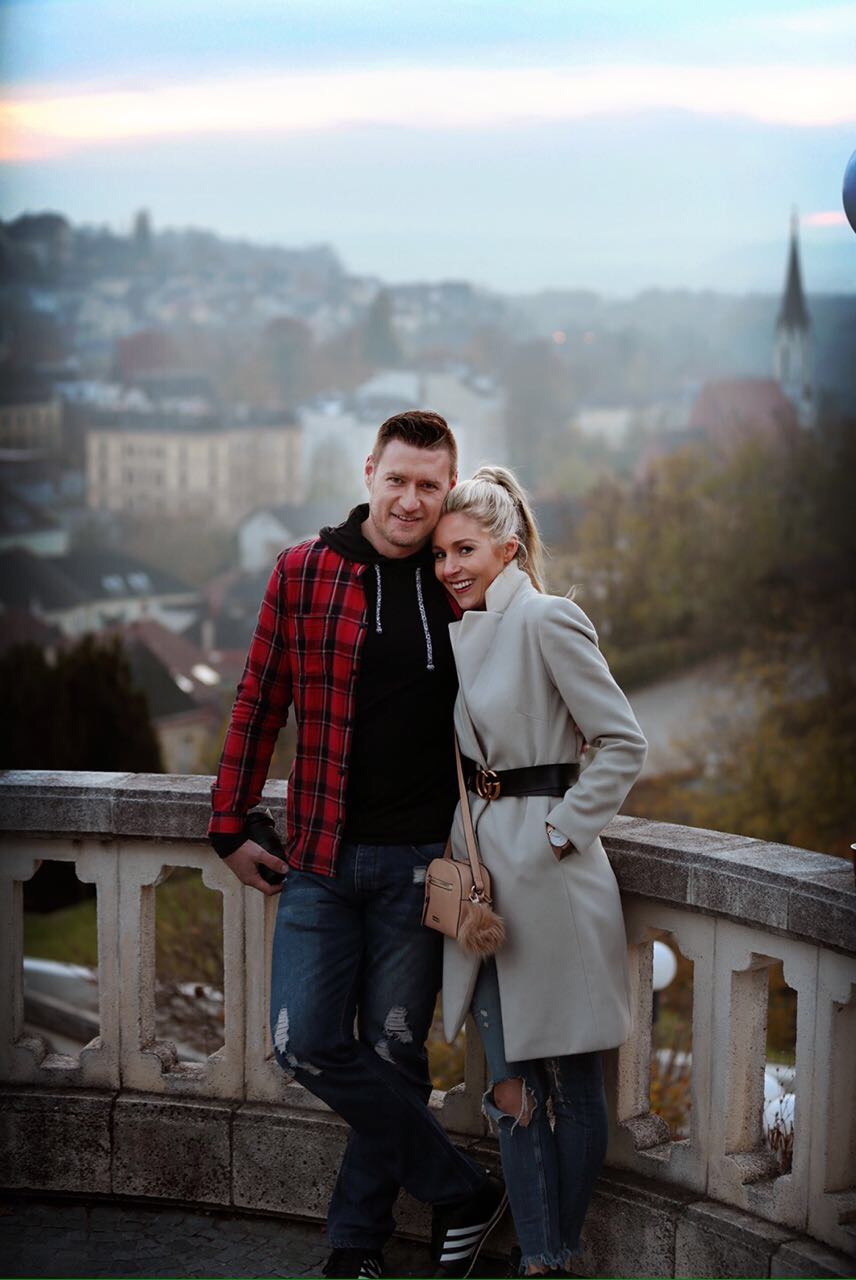 Couple balcony city background